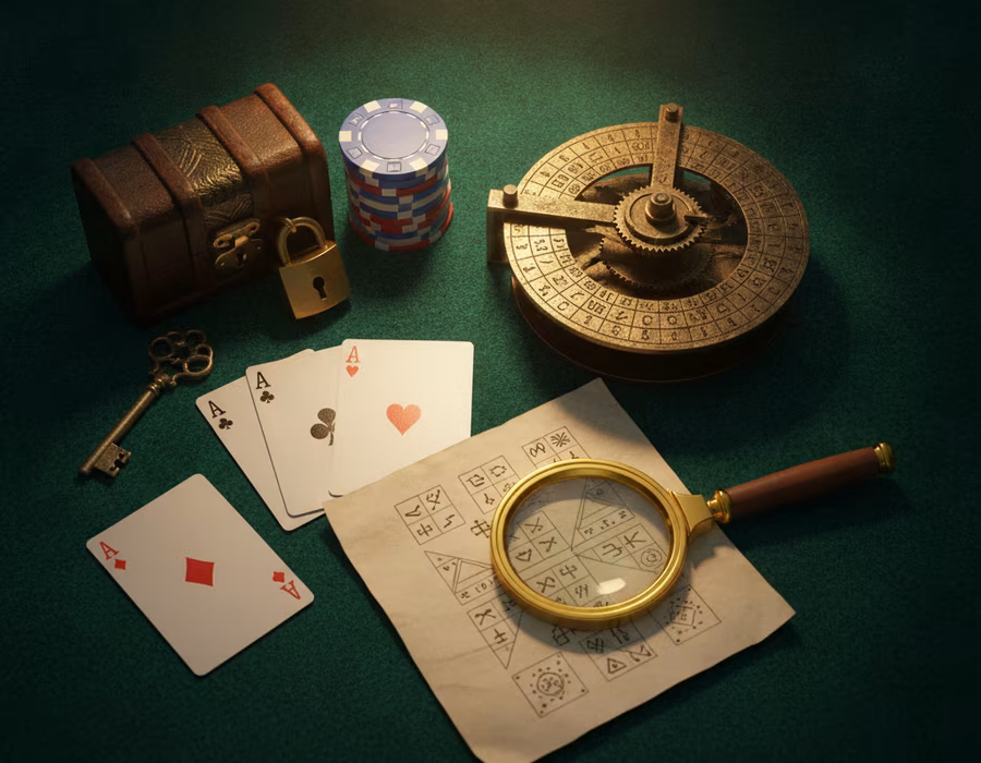 Cipher wheel, skeleton key, padlocked box, aces and a magnifying glass on green felt